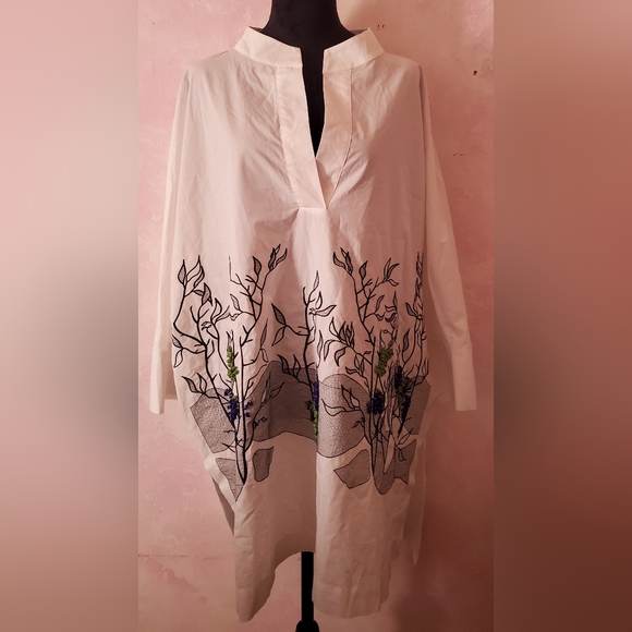 Marina Rinaldi White Dress with Black and Green Embroidery - Picture 1 of 5
